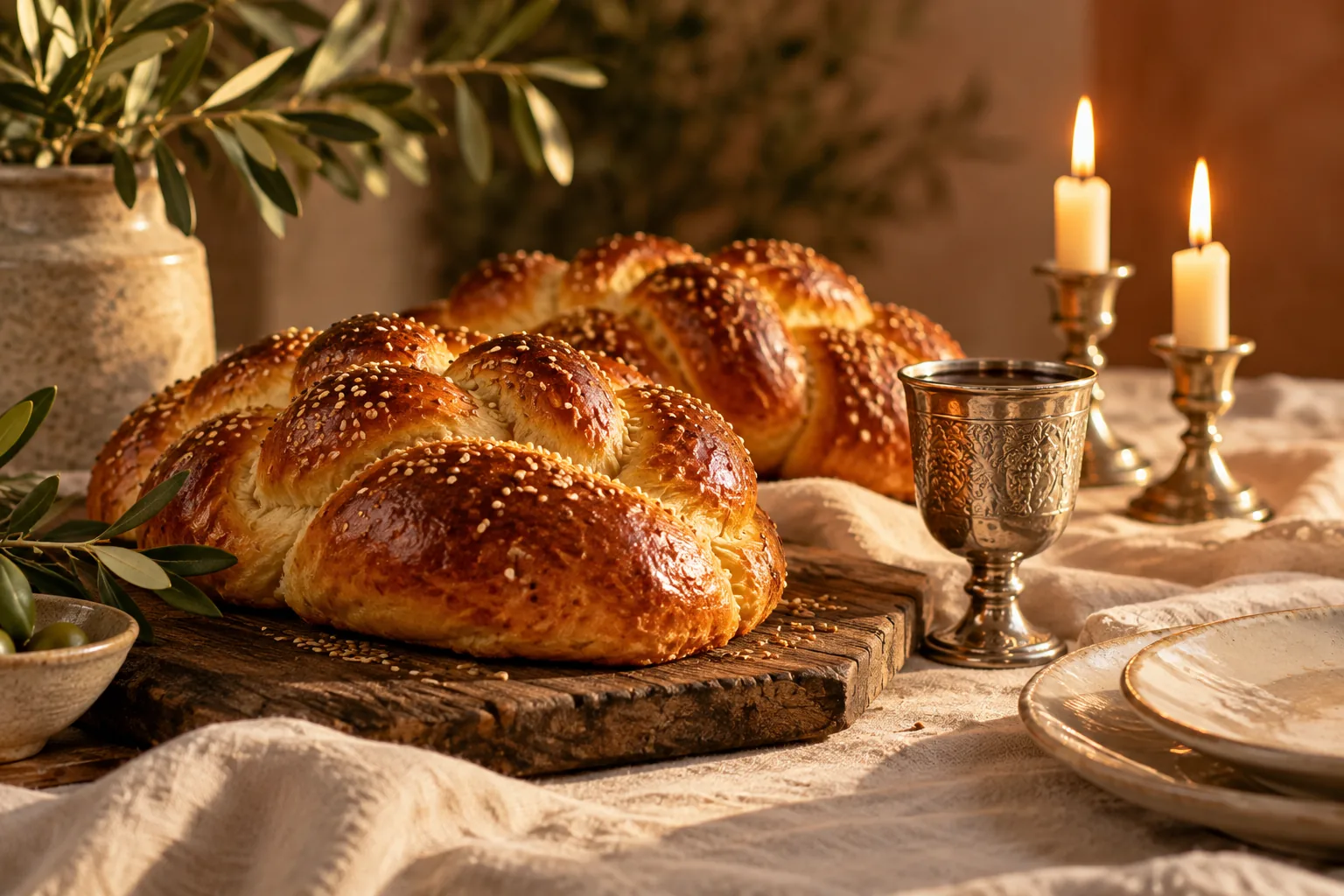 Illustration of a Shabbat table with challah, a kiddush cup and candles